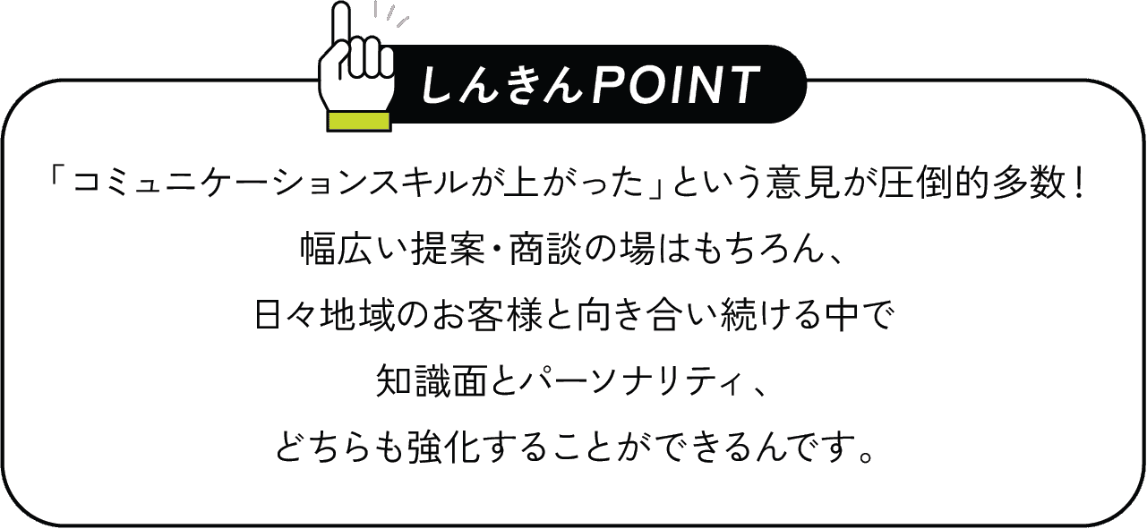 しんきんPOINT 「コミュニケーションスキルが上がった」という意見が圧倒的多数！幅広い提案・商談の場はもちろん、日々地域のお客様と向き合い続ける中で知識面とパーソナリティ、どちらも強化することができるんです。